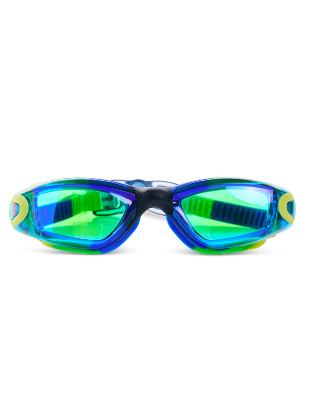 Voyage Swim Goggles showing all silicone frame in blue, green and yellow swirled silicone with green tinted lens