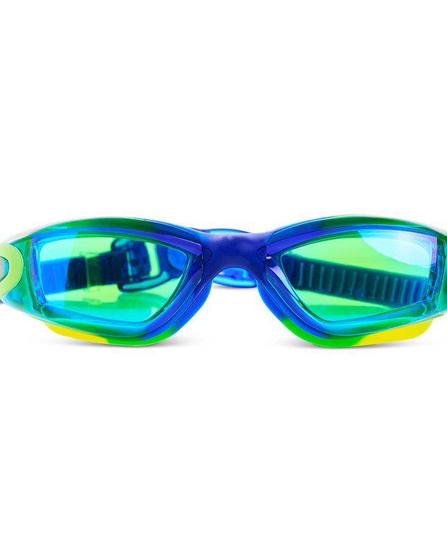 Voyage Swim Goggles in Rainforest all silicone swim goggles showing swirled yellow, green and blue silicone frame and green tinted lens