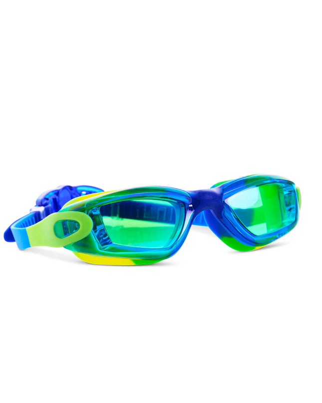 angled shot of Voyage Swim Goggles in Rainforest all silicone swim goggles showing swirled yellow, green and blue silicone frame and green tinted lens