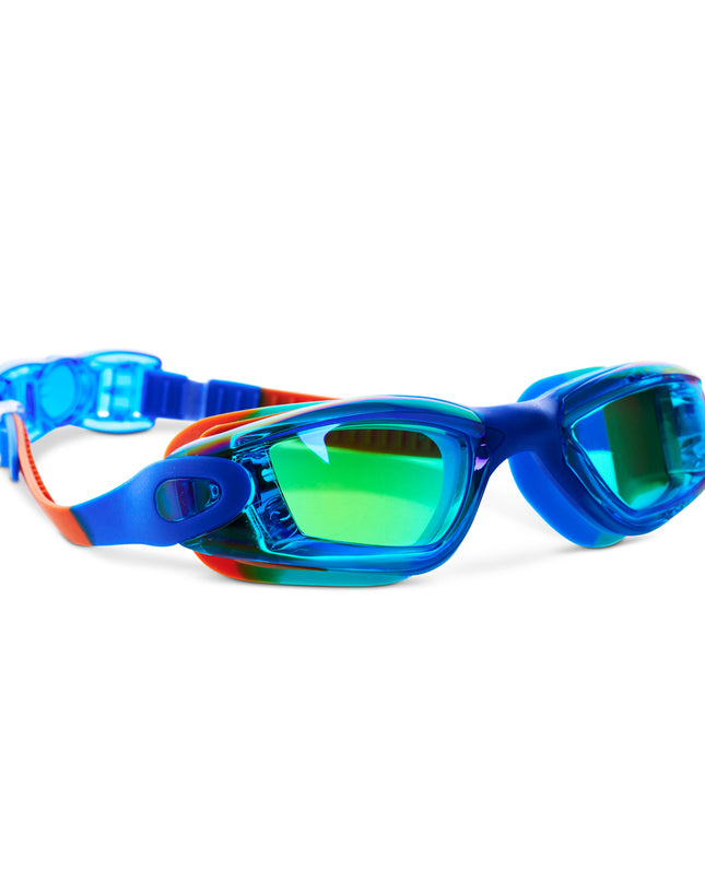 Voyage Swim Goggles in Trail Blaze all silicone swim goggles showing swirled blue, green and red silicone frame and green tinted lens