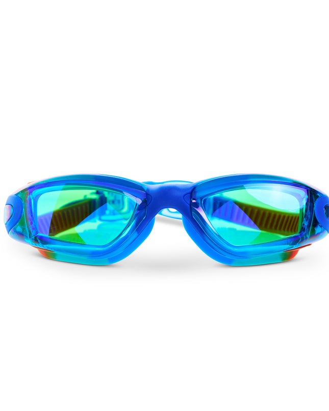 Voyage Swim Goggles in Trail Blaze all silicone swim goggles showing swirled blue, green and red silicone frame and green tinted lens