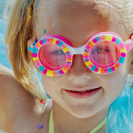 bestie charm bracelet kid's swim goggles in U R LUVED pink as seen on news12 