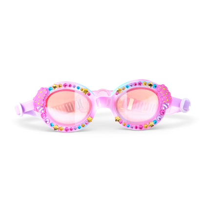 Oval-shaped swim goggles in Circus Swirl with rhinestones and cotton candy decal on frame