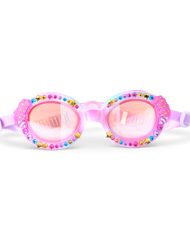 Oval-shaped swim goggles in Circus Swirl with rhinestones and cotton candy decal on frame