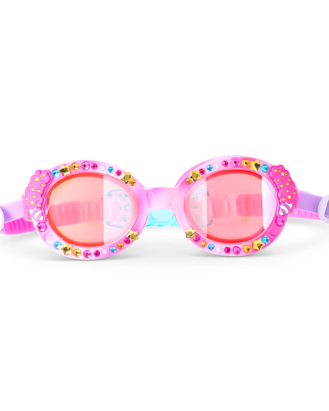 Oval Shaped Kids swim goggles in Pink Parade with rhinestones, star gems, and cotton candy decals 