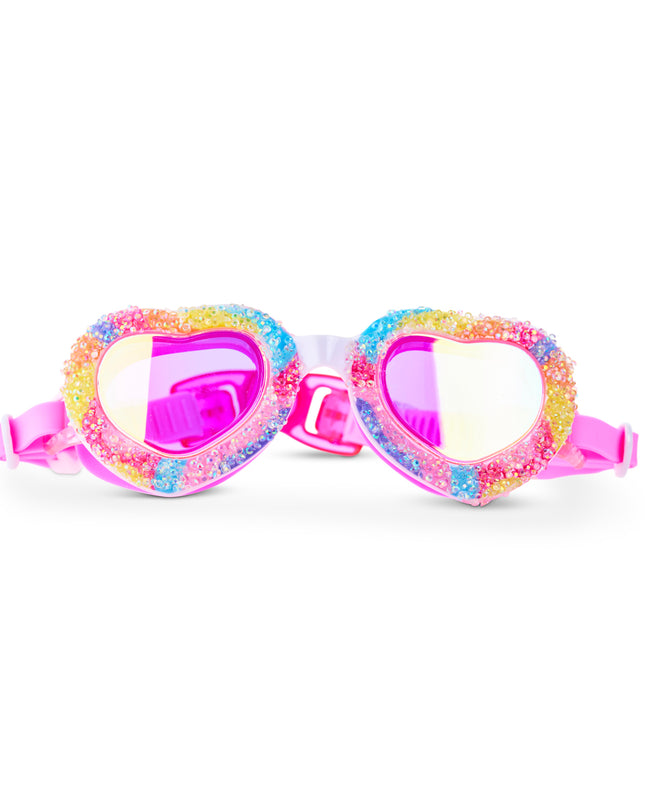 Crystal Crush Kids Swim Goggles in sugar kiss showing crushed rhinestone decor over a rainbow swirl frame