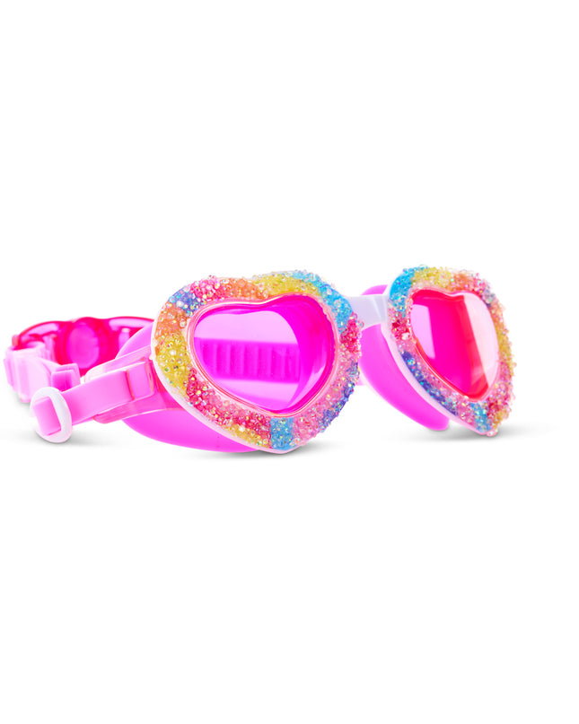 angled view of Crystal Crush Kids Swim Goggles in sugar kiss showing crushed rhinestone decor over a rainbow swirl frame