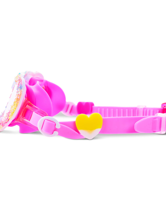 close-up of Crystal Crush Kids Swim Goggles in sugar kiss showing our "When 2 hearts meet" silicone sliders and strap