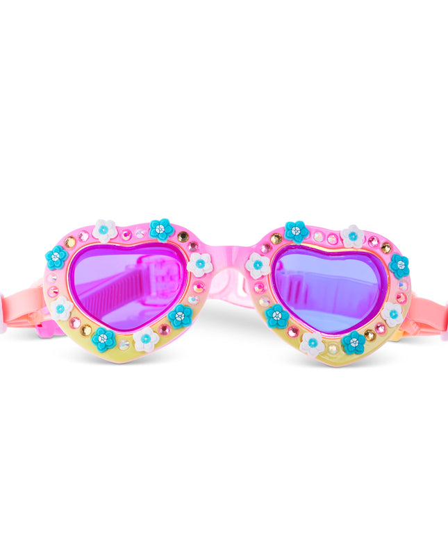 Daisies at Dawn kids swim goggles in sunkissed petals showing flower charms and rhinestones and tinted lens on a sunrise ombre colored frame