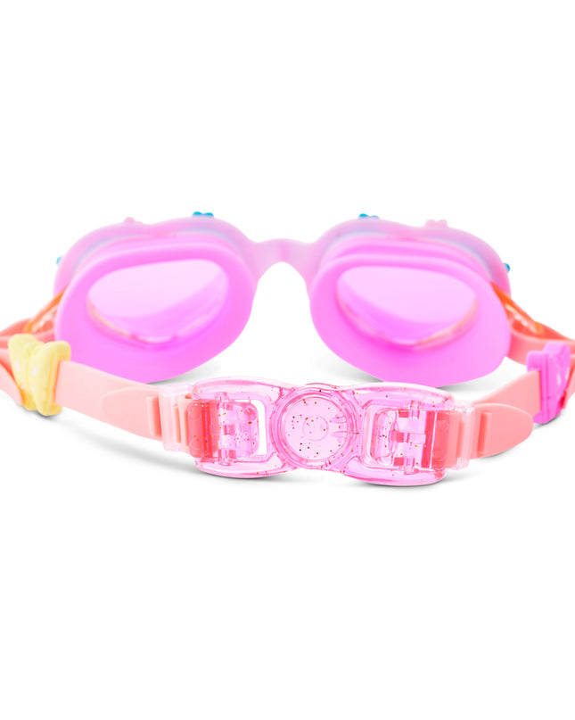 back view of Daisies at Dawn kids swim goggles in sunkissed petals showing glitter infused back clip and strap