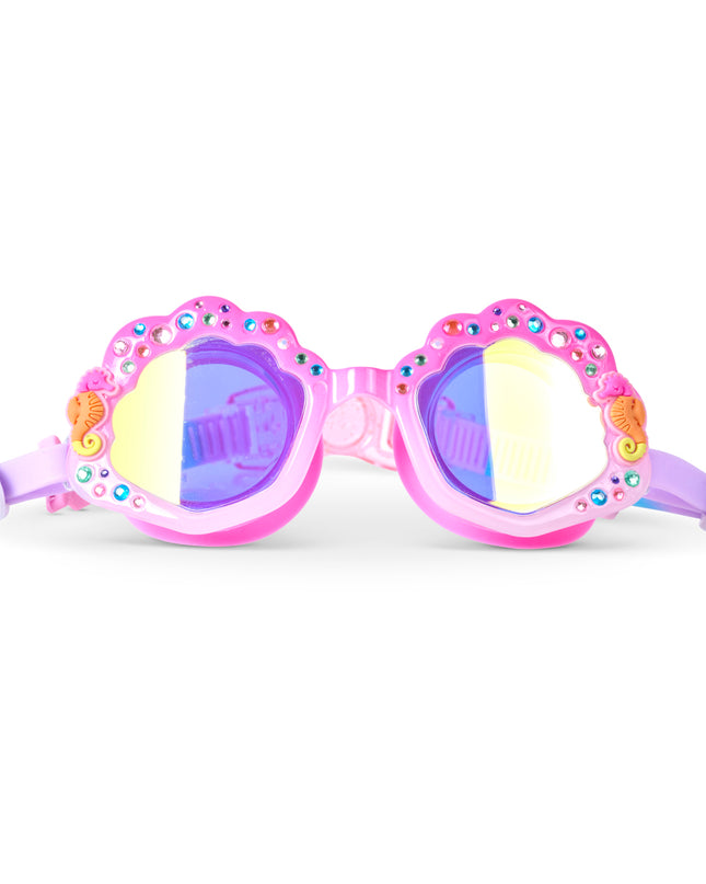 enchanted shoreline kids' swim goggles showing rhinestones, seahorse decals and mirrored lens
