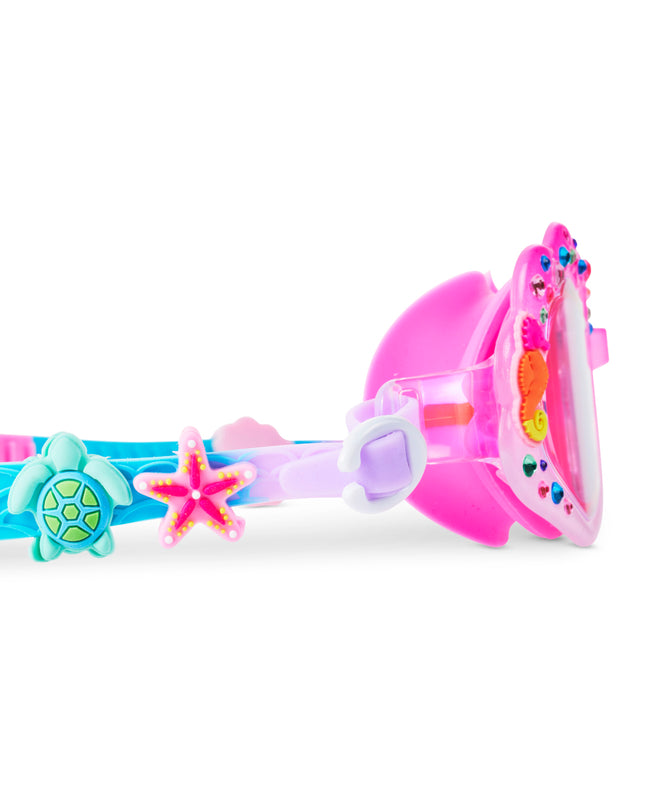 close-up view of enchanted shoreline kids' swim goggles showing sequin stream silicone sliders on textured strap 