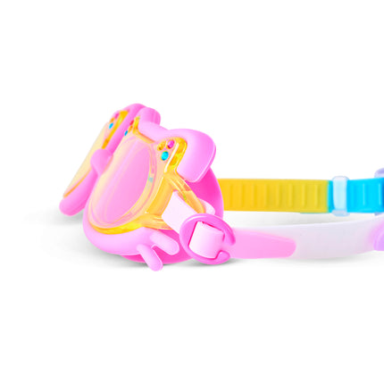 Close-up of Flexi Feline swim goggles in Plush Paw Pink showing silicone cat detail