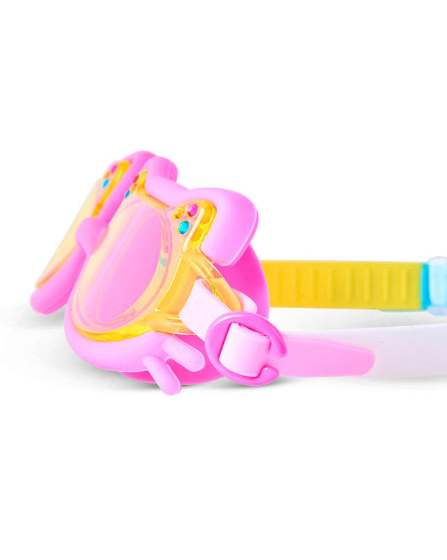 Close-up of Flexi Feline swim goggles in Plush Paw Pink showing silicone cat detail