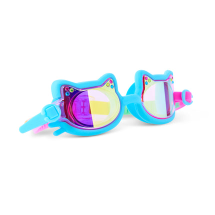Angled view of Flexi Feline Pouncy Blue swim goggles with cat ears