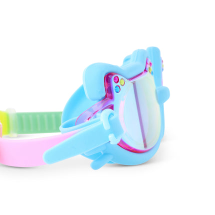 Close-up of Flexi Feline swim goggles in Pouncy Blue showing silicone cat detail