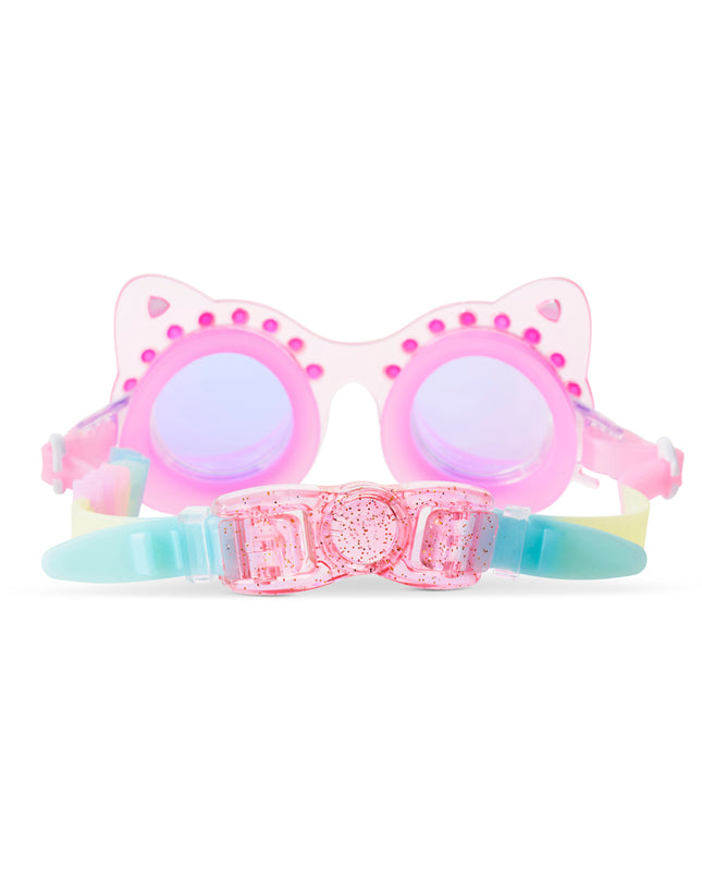 back view of Frosted Feline kids swim goggles in pink purr showing the strap and a glitter infused back clip