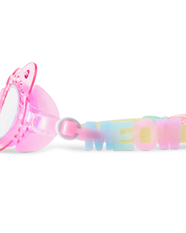 close-up view of Frosted Feline kids swim goggles in pink purr showing our signature MEOW silicone sliders
