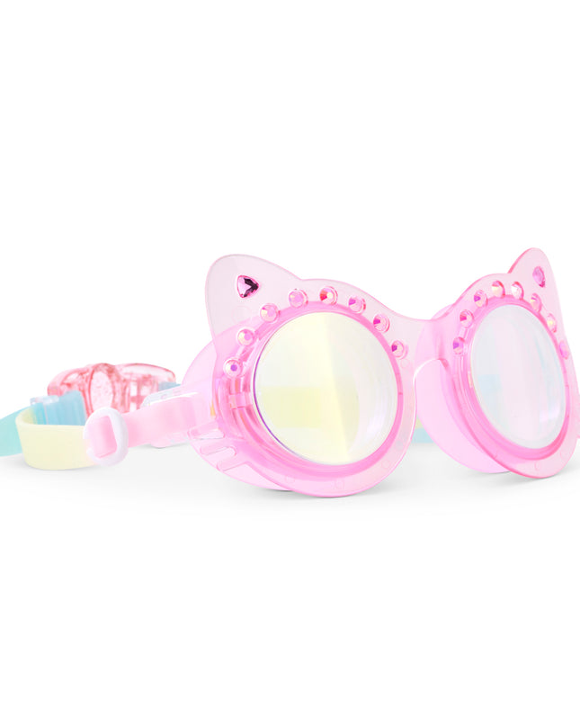 angled view of Frosted Feline kids swim goggles in pink purr showing a pink translucent cat-shaped frame with rhinestones