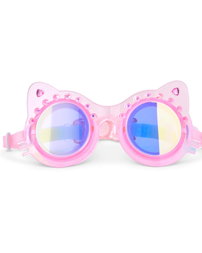 Frosted Feline kids swim goggles in pink purr showing a pink translucent cat-shaped frame with rhinestones
