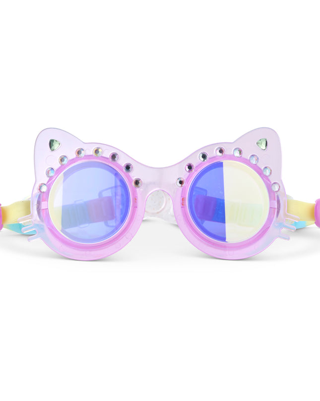 Frosted Feline kids swim goggles in purrfect purple showing a purple translucent cat-shaped frame with rhinestones
