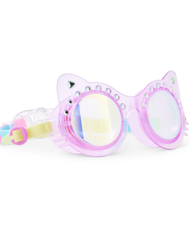angled view of Frosted Feline kids swim goggles in purrfect purple showing a purple translucent cat-shaped frame with rhinestones