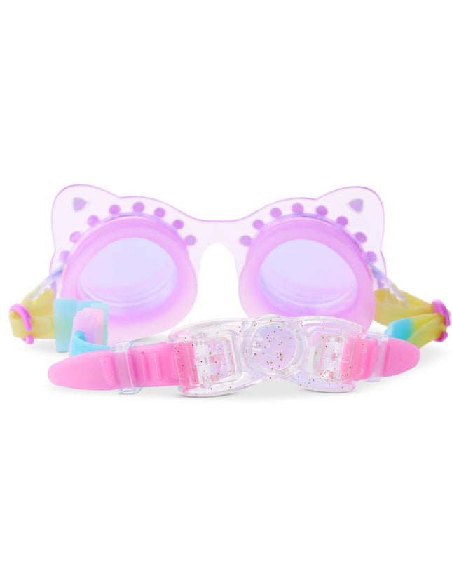 back view of Frosted Feline kids swim goggles in purrfect purple showing the strap and glitter infused back clip