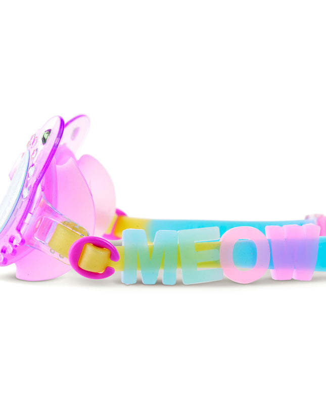 close-up of Frosted Feline kids swim goggles in purrfect purple showing our signature MEOW silicone sliders on the strap