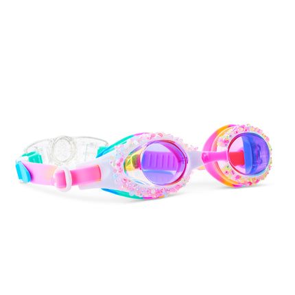 Angled view of Gelato Ice Sparkle Sherbet swim goggles with rhinestone frame