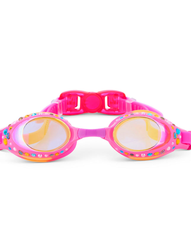 glimmering gemstones kids' swim goggles in tropical tanzanite showing rhinestones and gems on a bright pink swim goggle frame