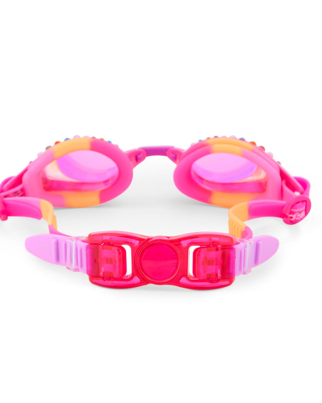 back view of glimmering gemstones kids' swim goggles in tropical tanzanite showing strap and back clip