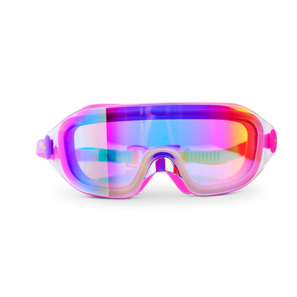 Hologlow Kid's Swim Goggles in Bubblegum Beam showing a wide reflective frameless lens with bubblegum pink silicone gasket