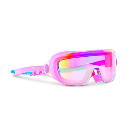 angled view of Hologlow Kid's Swim Goggles in Bubblegum Beam showing a wide reflective frameless lens with bubblegum pink silicone gasket