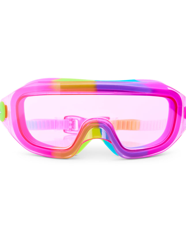 Hologlow Kid's Swim Goggles in Pixel Pink showing a wide frameless lens with neon pink, green, blue, and purple colored silicone gasket