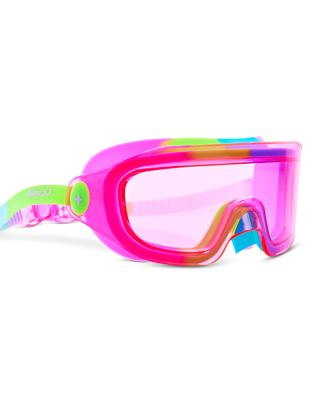 angled view of Hologlow Kid's Swim Goggles in Pixel Pink showing a wide frameless lens with neon pink, green, blue, and purple colored silicone gasket