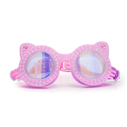 kitten kids cat-shaped swim goggles in paw print pink showing rhinestone details and whiskers on frame