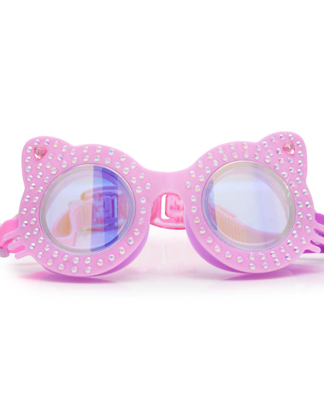 kitten kids cat-shaped swim goggles in paw print pink showing rhinestone details and whiskers on frame