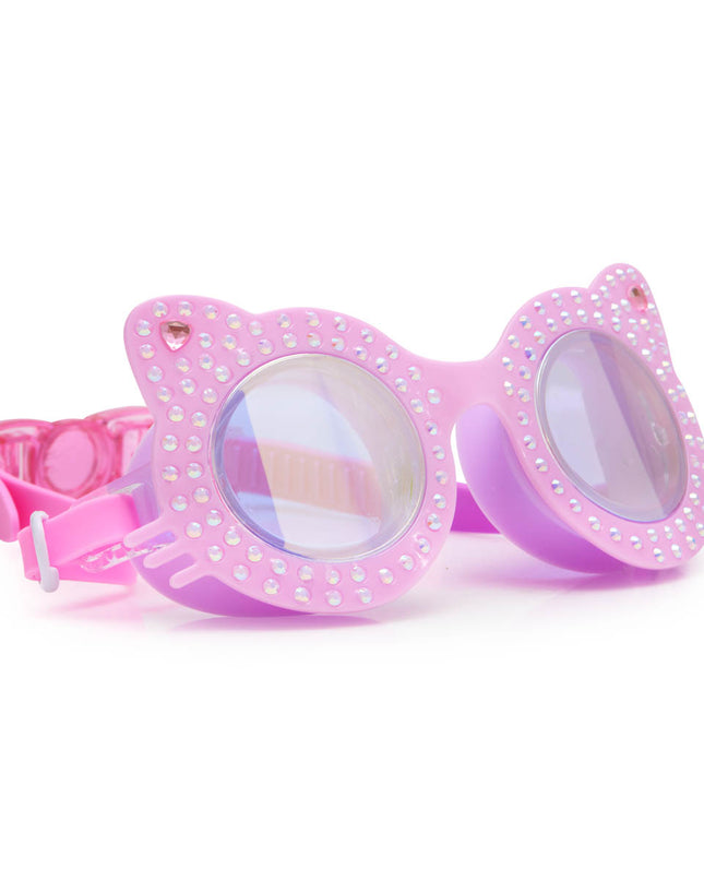angled view of kitten kids cat-shaped swim goggles in paw print pink showing rhinestone details and whiskers on frame