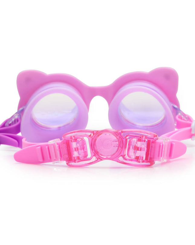 back view of kitten kids cat-shaped swim goggles in paw print pink showing strap and back clip