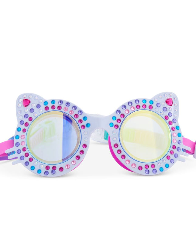 kittens kids cat-shaped swim goggles in porcelain paws white showing multi colored rhinestones