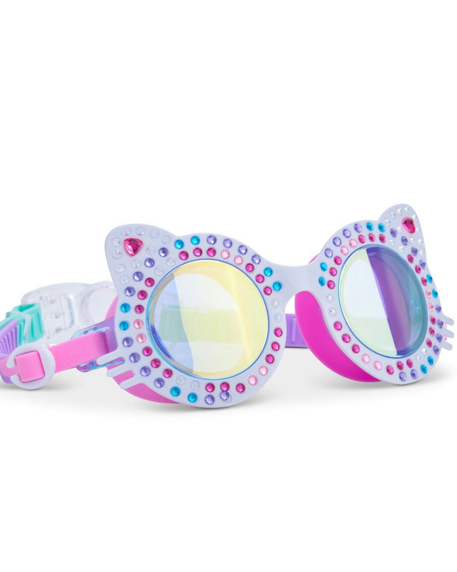 angled view of kittens kids cat-shaped swim goggles in porcelain paws white showing multi colored rhinestones