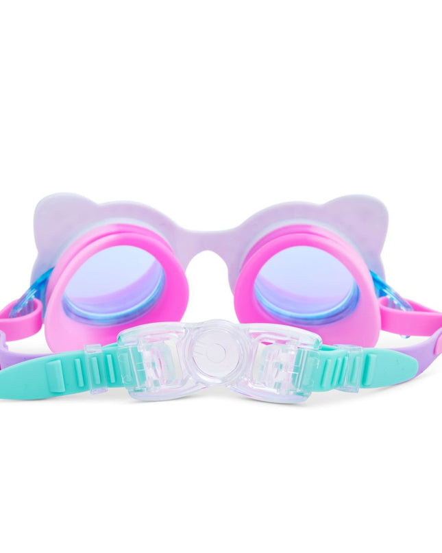 back view of kittens kids cat-shaped swim goggles in porcelain paws white showing strap and back clip