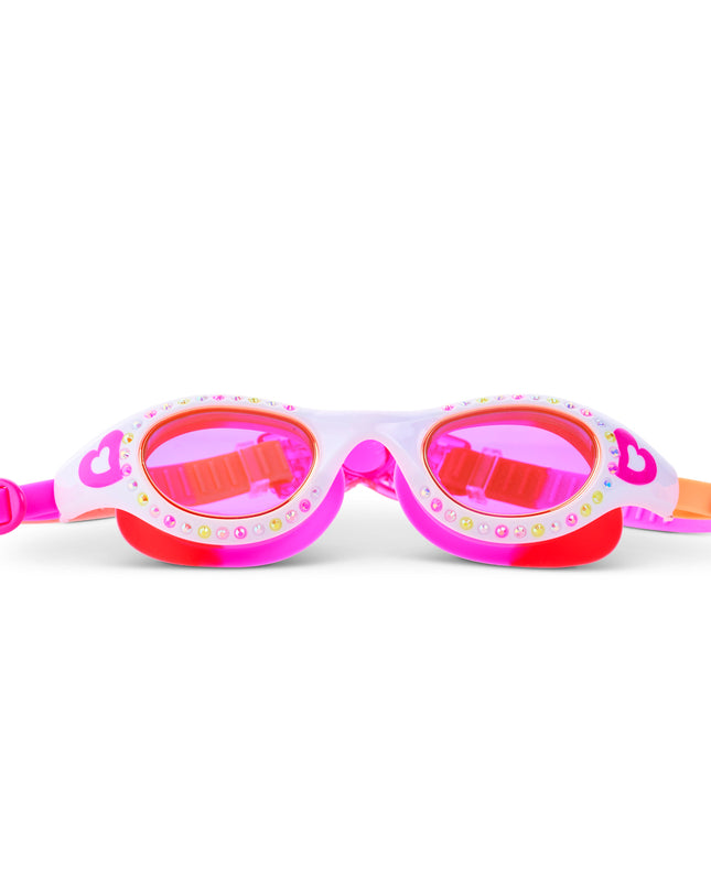 Love Sparkle Kids Swim Goggles in Mango Muse showing rhinestones and heart illustration