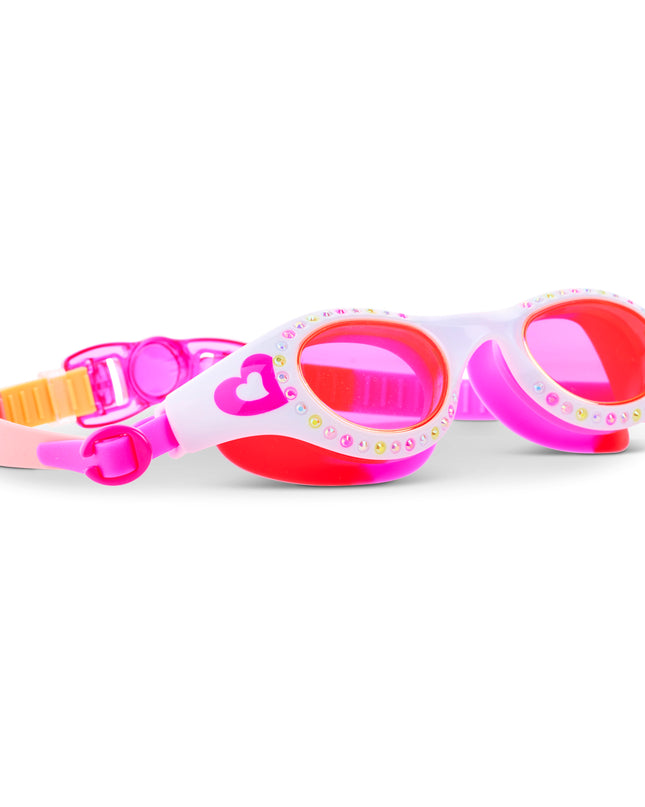angled view of Love Sparkle Kids Swim Goggles in Mango Muse showing rhinestones and heart illustration