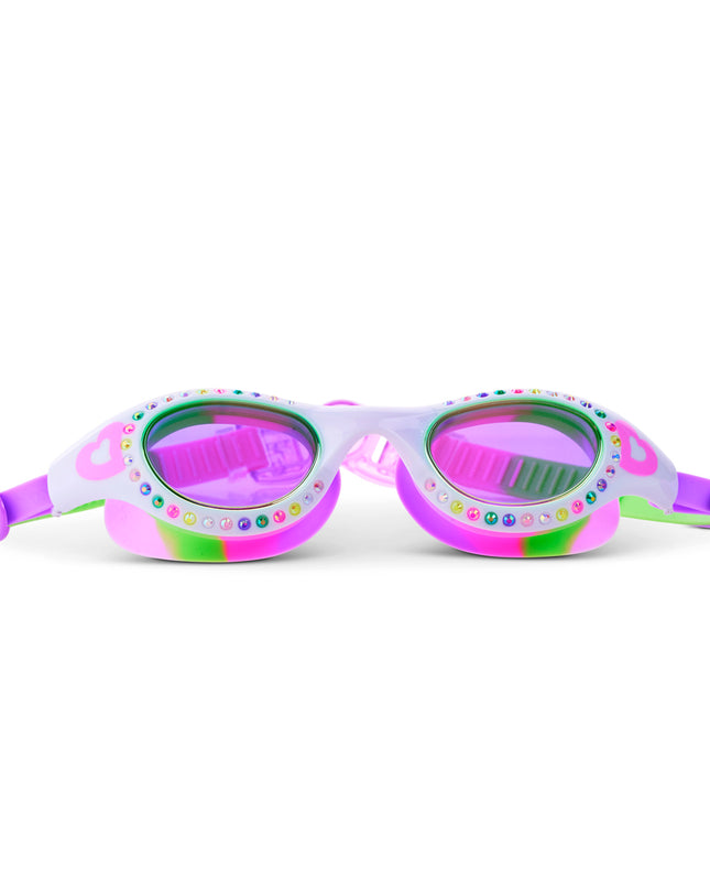 Love Sparkle Kids Swim Goggles in Passion Purple showing rhinestones and heart illustration