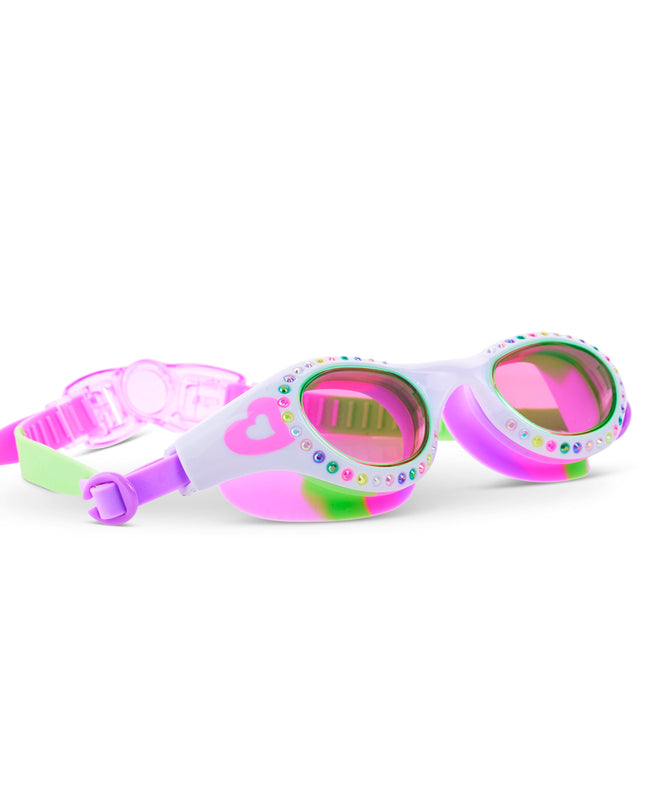 angled view of Love Sparkle Kids Swim Goggles in Passion Purple showing rhinestones and heart illustration