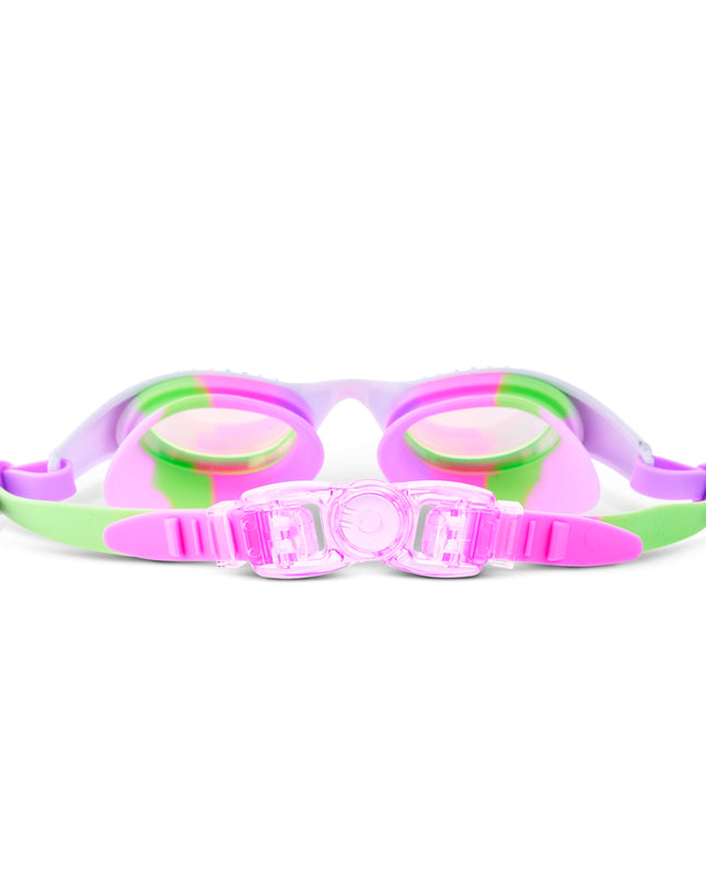 back view of Love Sparkle Kids Swim Goggles in Passion Purple showing strap and back clip