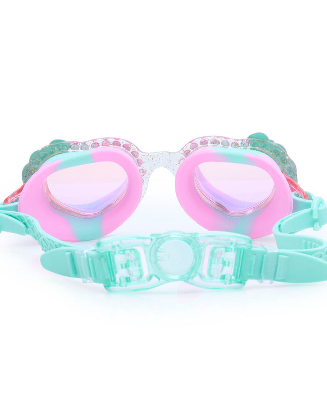 back view of mystical mermaid kids' swim goggles in mermaids kiss showing back clip and strap
