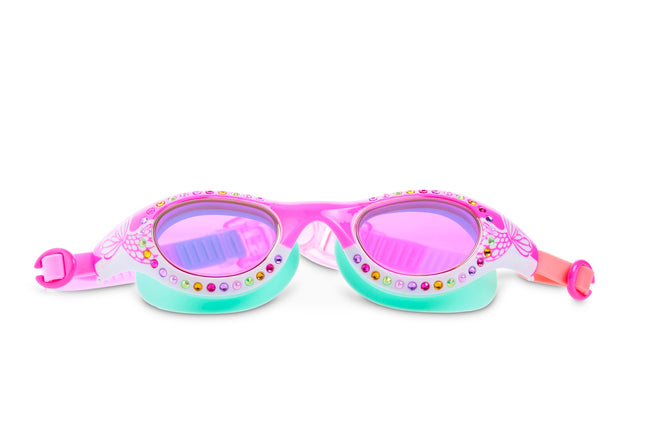 Neptune's Pearl Kids Swim goggles in Magenta Mermaid showing rhinestones and mermaid tail illustration 