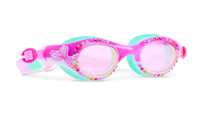 angled view of Neptune's Pearl Kids Swim goggles in Magenta Mermaid showing rhinestones and mermaid tail illustration 
